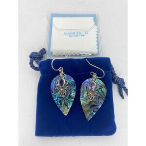 Samuel B STERLING SILVER OVAL ABALONE EARRINGS WITH AMETHYST ACCENT